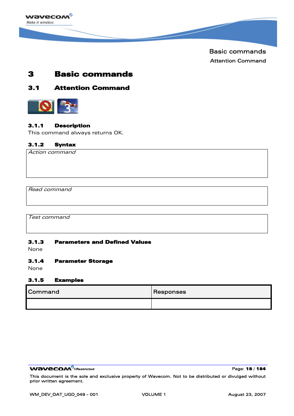 Basic commands, Attention command, Basic | Commands, 3basic commands | Rainbow Electronics FARGO MAESTRO 100 (with TCP_IP) User Manual | Page 24 / 787
