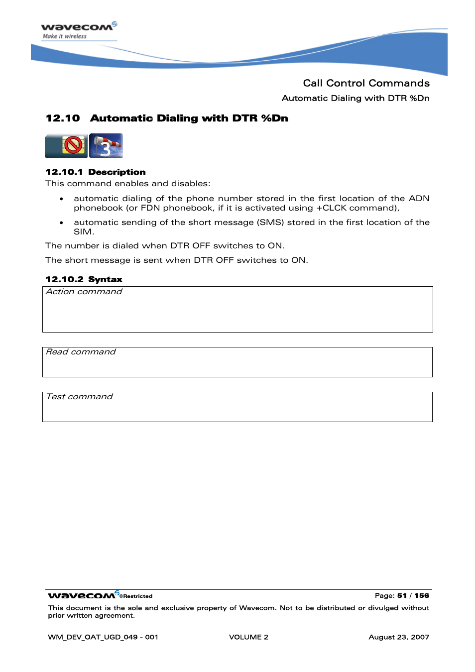 Automatic dialing with dtr %dn, Call control commands, 10 automatic dialing with dtr %dn | At%d<n>[;] ok, None | Rainbow Electronics FARGO MAESTRO 100 (with TCP_IP) User Manual | Page 241 / 787