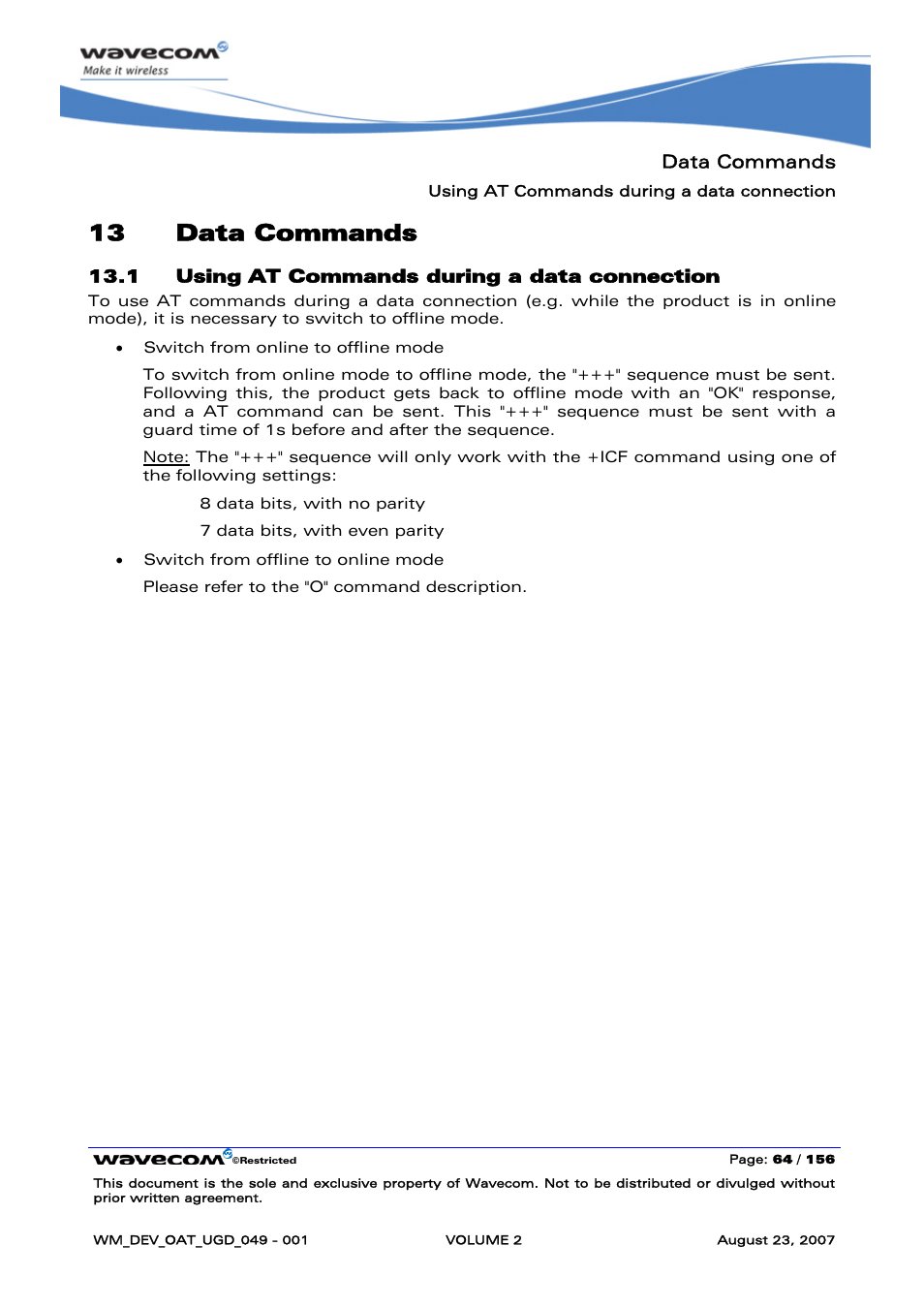 Data commands, Using at commands during a data connection, 13 data commands | Rainbow Electronics FARGO MAESTRO 100 (with TCP_IP) User Manual | Page 254 / 787