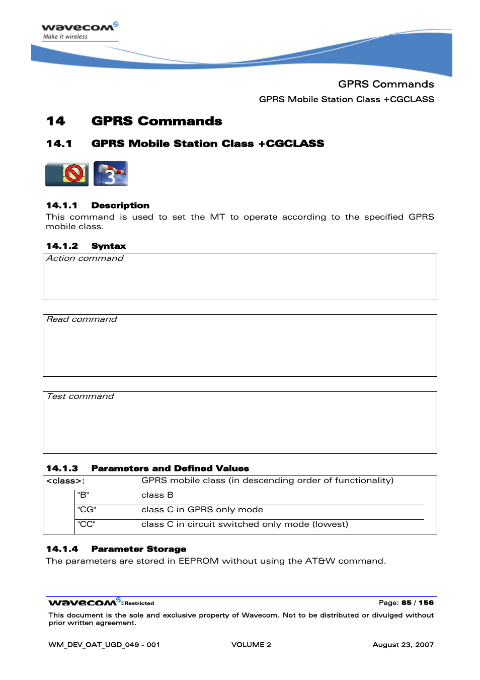 Gprs commands, Gprs mobile station class +cgclass, 14 gprs commands | Rainbow Electronics FARGO MAESTRO 100 (with TCP_IP) User Manual | Page 275 / 787