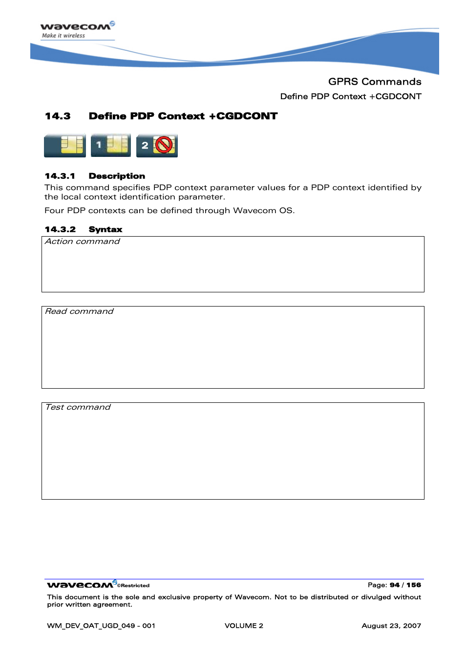 Define pdp context +cgdcont | Rainbow Electronics FARGO MAESTRO 100 (with TCP_IP) User Manual | Page 284 / 787