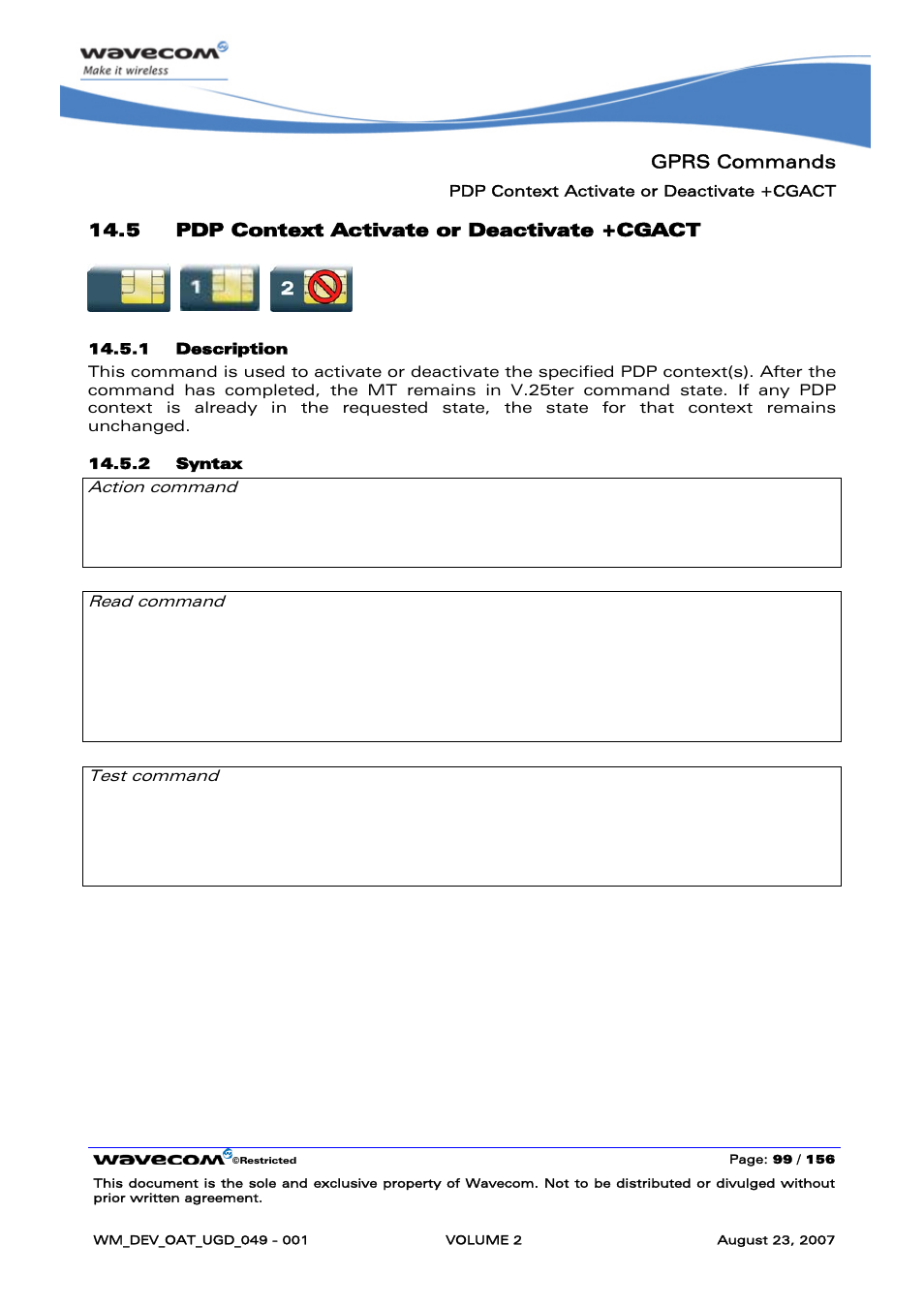 Pdp context activate or deactivate +cgact | Rainbow Electronics FARGO MAESTRO 100 (with TCP_IP) User Manual | Page 289 / 787