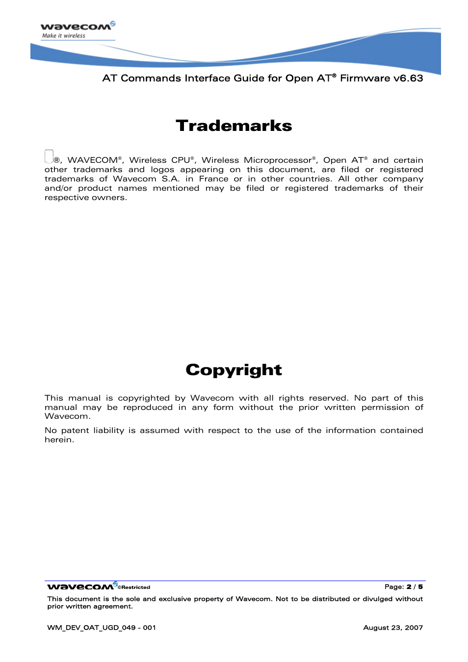 Trademarks, Copyright, At commands interface guide for open at | Firmware v6.63 | Rainbow Electronics FARGO MAESTRO 100 (with TCP_IP) User Manual | Page 3 / 787