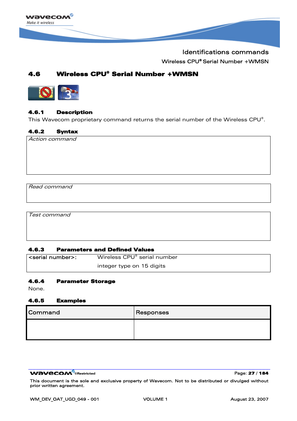 Wireless cpu® serial number +wmsn, Wireless cpu, Serial number +wmsn | Identifications commands, 6 wireless cpu, At+wmsn serial number <serial number> ok, None, At+wmsn=? ok | Rainbow Electronics FARGO MAESTRO 100 (with TCP_IP) User Manual | Page 33 / 787
