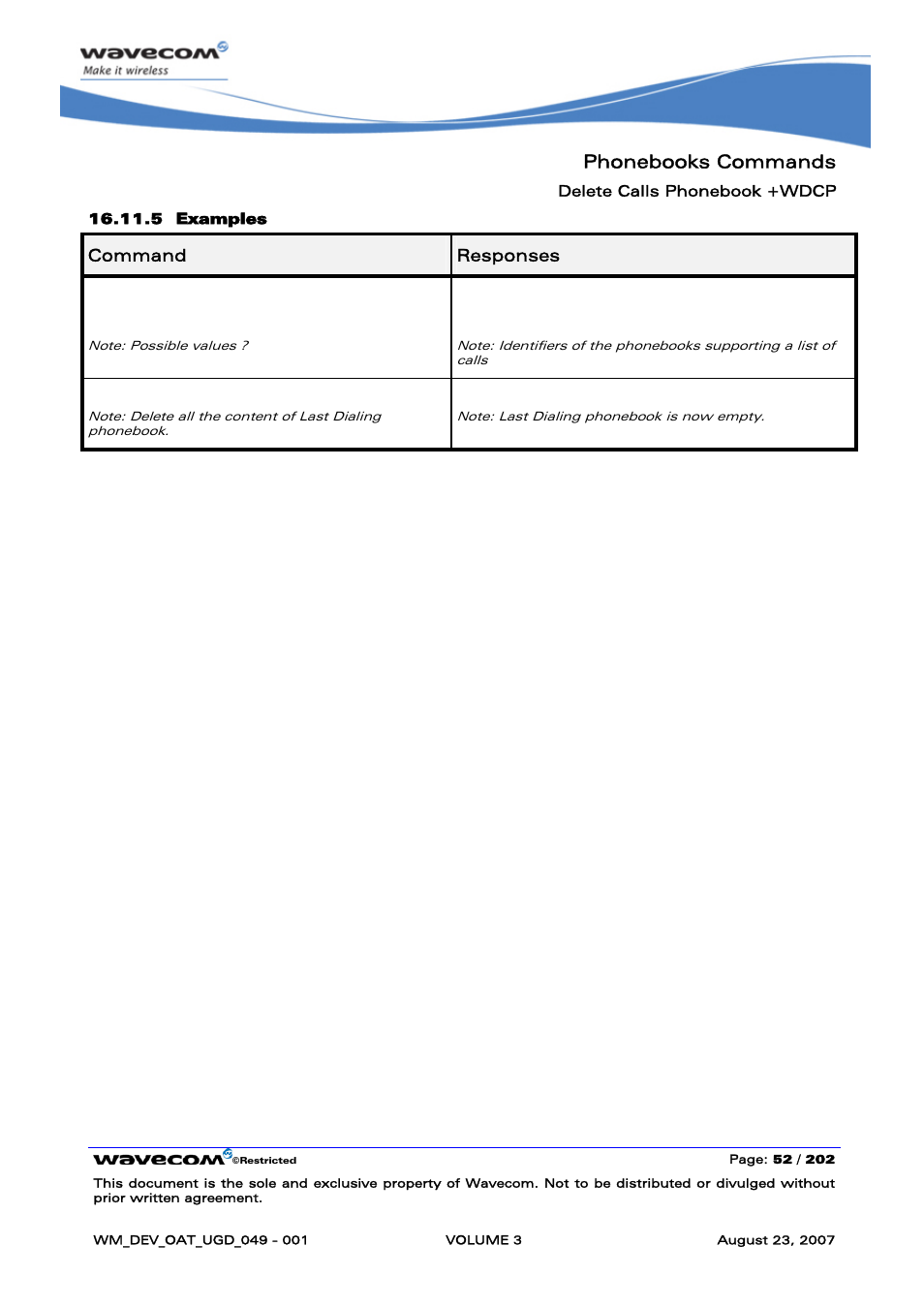 Phonebooks commands, At+wdcp, Wdcp: ("ld","mc","rc") ok | At+wdcp="ld | Rainbow Electronics FARGO MAESTRO 100 (with TCP_IP) User Manual | Page 398 / 787