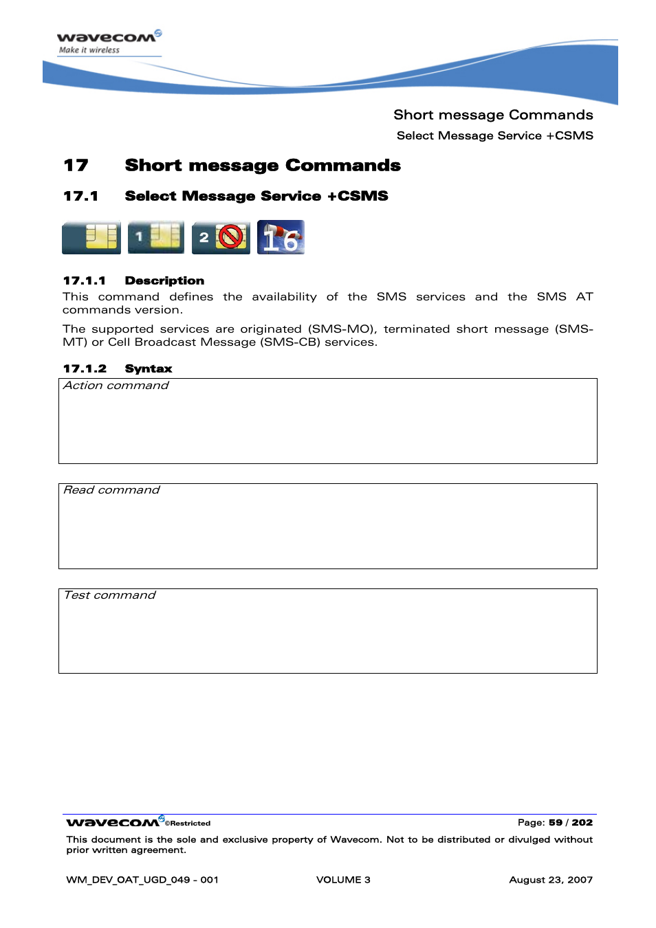 Short message commands, Select message service +csms, 17 short message commands | Rainbow Electronics FARGO MAESTRO 100 (with TCP_IP) User Manual | Page 405 / 787