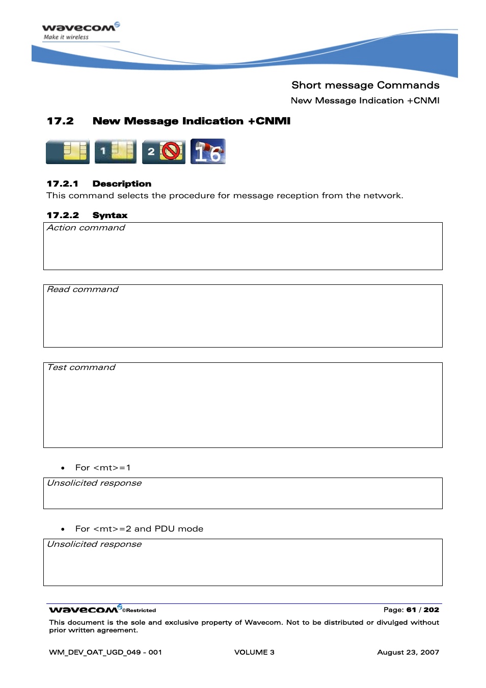 New message indication +cnmi | Rainbow Electronics FARGO MAESTRO 100 (with TCP_IP) User Manual | Page 407 / 787