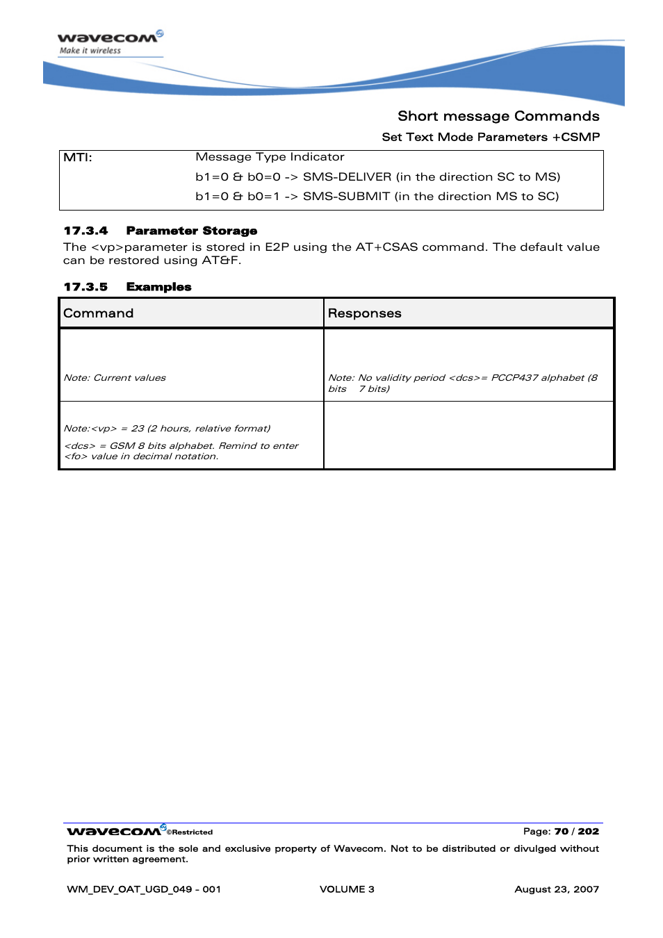 Short message commands, At+csmp, Csmp: 0,0,0,0 ok | Rainbow Electronics FARGO MAESTRO 100 (with TCP_IP) User Manual | Page 416 / 787