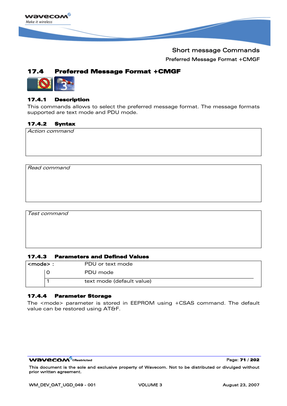 Preferred message format +cmgf | Rainbow Electronics FARGO MAESTRO 100 (with TCP_IP) User Manual | Page 417 / 787