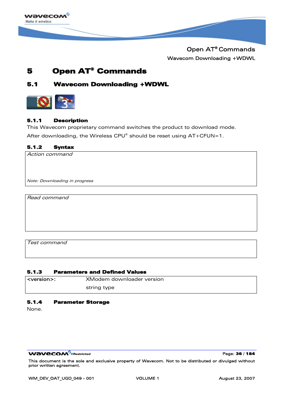 Open at® commands, Wavecom downloading +wdwl, Open at | Commands, 5open at | Rainbow Electronics FARGO MAESTRO 100 (with TCP_IP) User Manual | Page 42 / 787