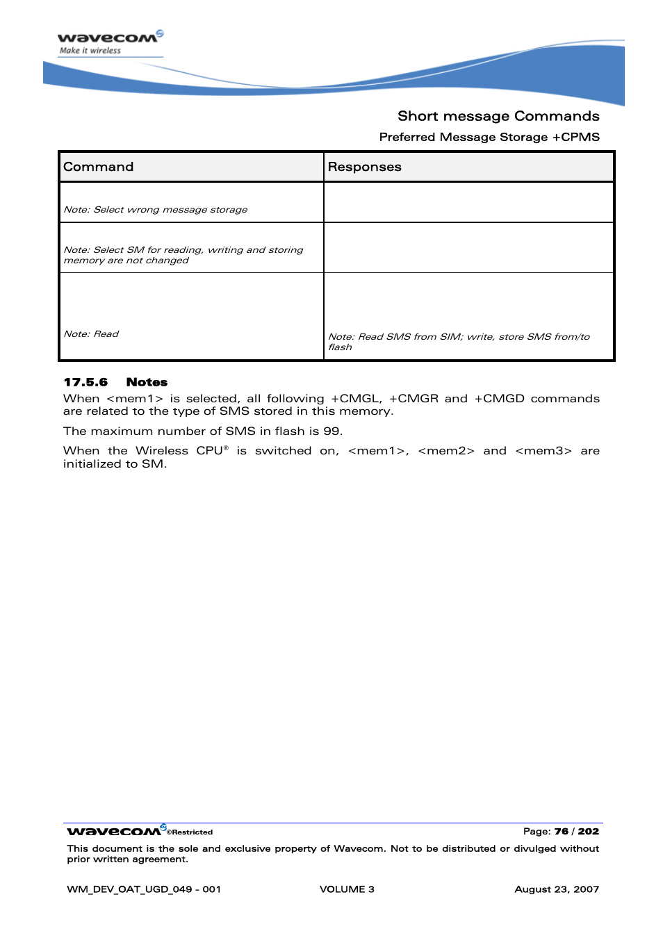 Short message commands, At+cpms="am, Cms error: 302 at+cpms="sm | Rainbow Electronics FARGO MAESTRO 100 (with TCP_IP) User Manual | Page 422 / 787