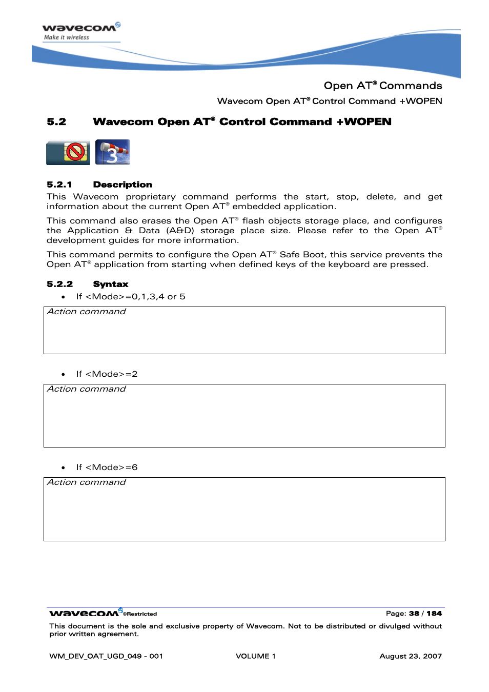 Wavecom open at® control command +wopen, Wavecom open at, Control command +wopen | Open at, Commands, 2 wavecom open at, At+wopen=<mode> ok | Rainbow Electronics FARGO MAESTRO 100 (with TCP_IP) User Manual | Page 44 / 787