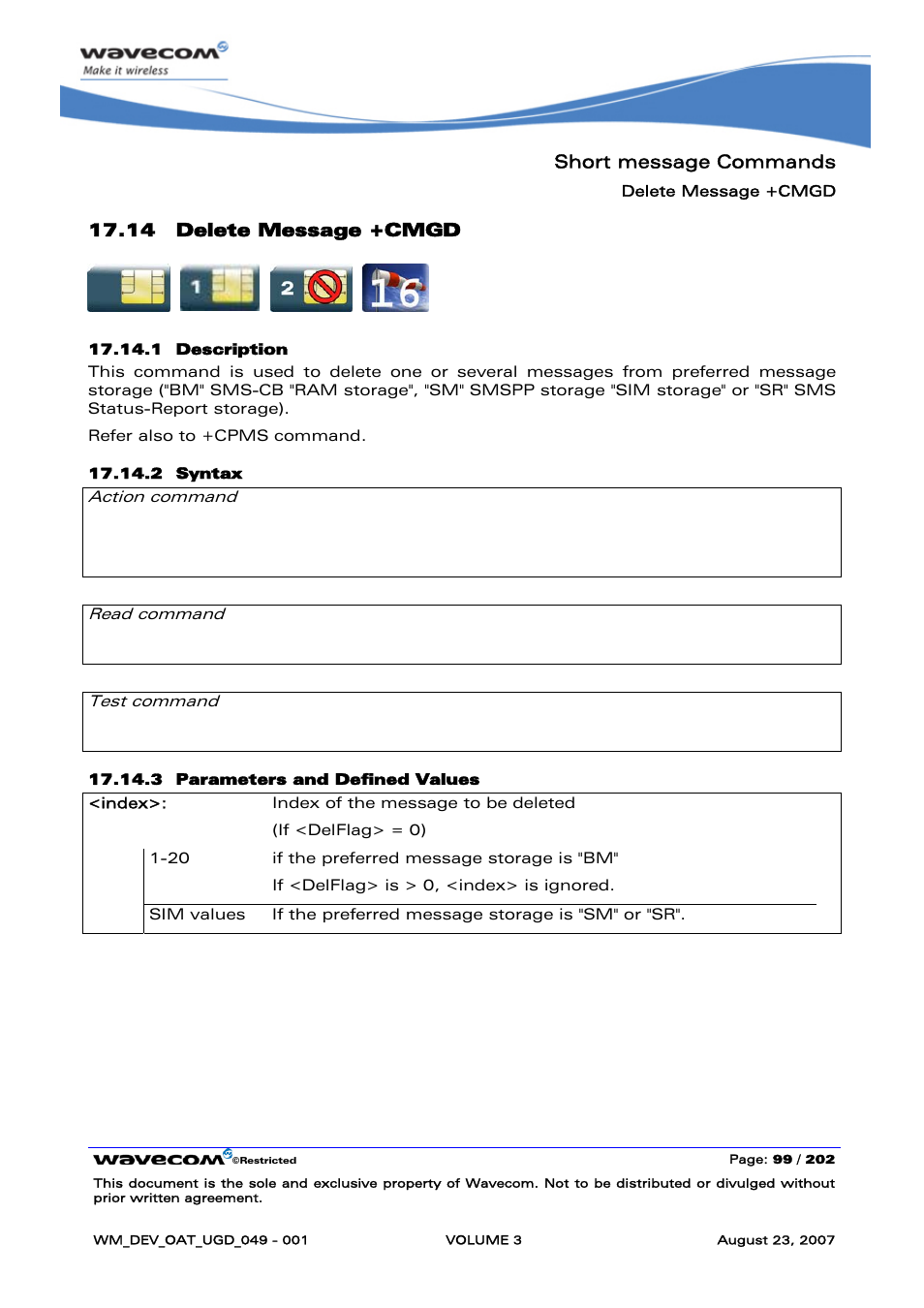 Delete message +cmgd, Short message commands, 14 delete message +cmgd | At+cmgd=<index>[,<delflag>] ok, None | Rainbow Electronics FARGO MAESTRO 100 (with TCP_IP) User Manual | Page 445 / 787