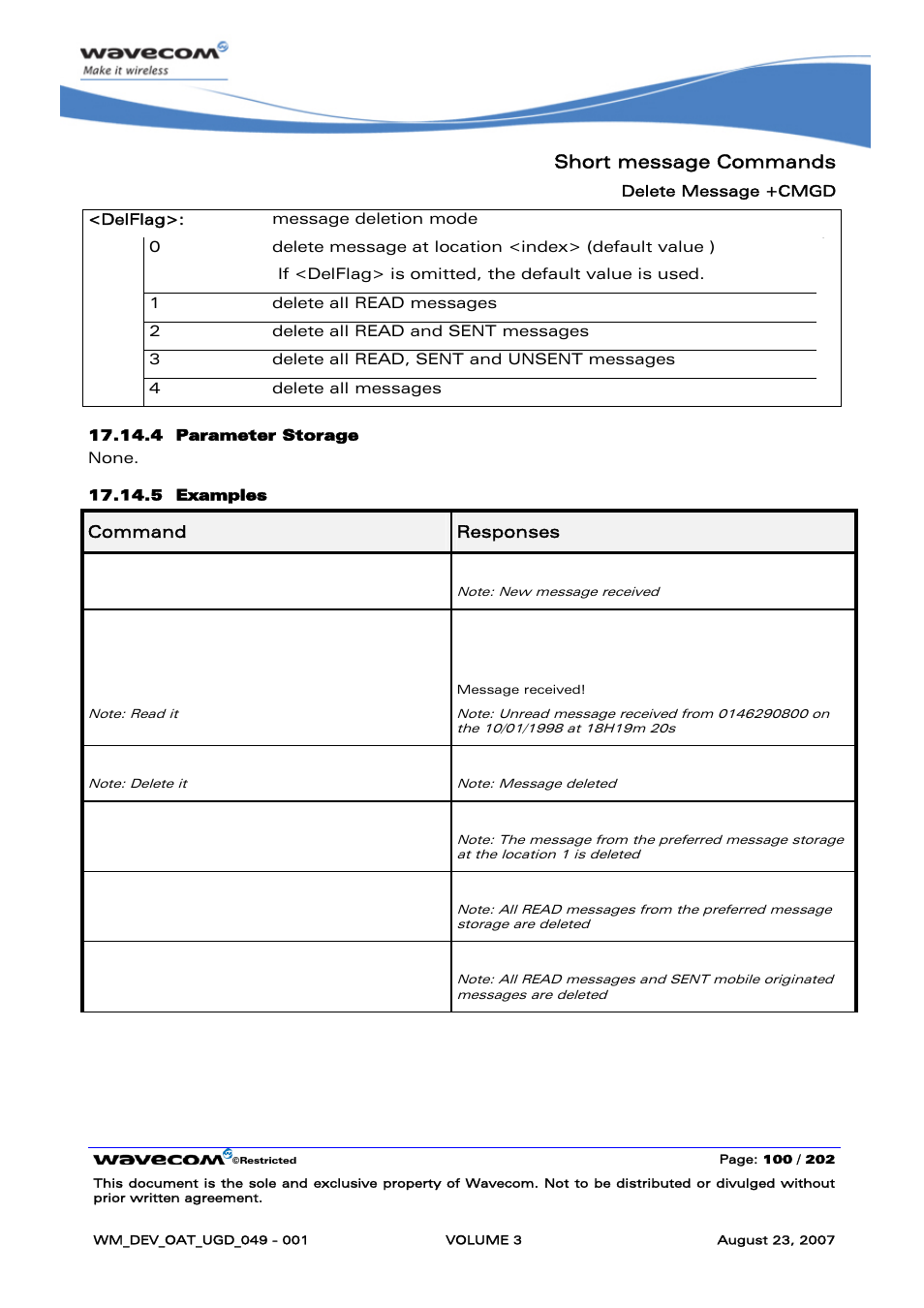 Short message commands, Cmti:"sm",3, At+cmgr=3 | At+cmgd=3, At+cmgd=1,0 ok, At+cmgd=1,1, At+cmgd=1,2 ok | Rainbow Electronics FARGO MAESTRO 100 (with TCP_IP) User Manual | Page 446 / 787