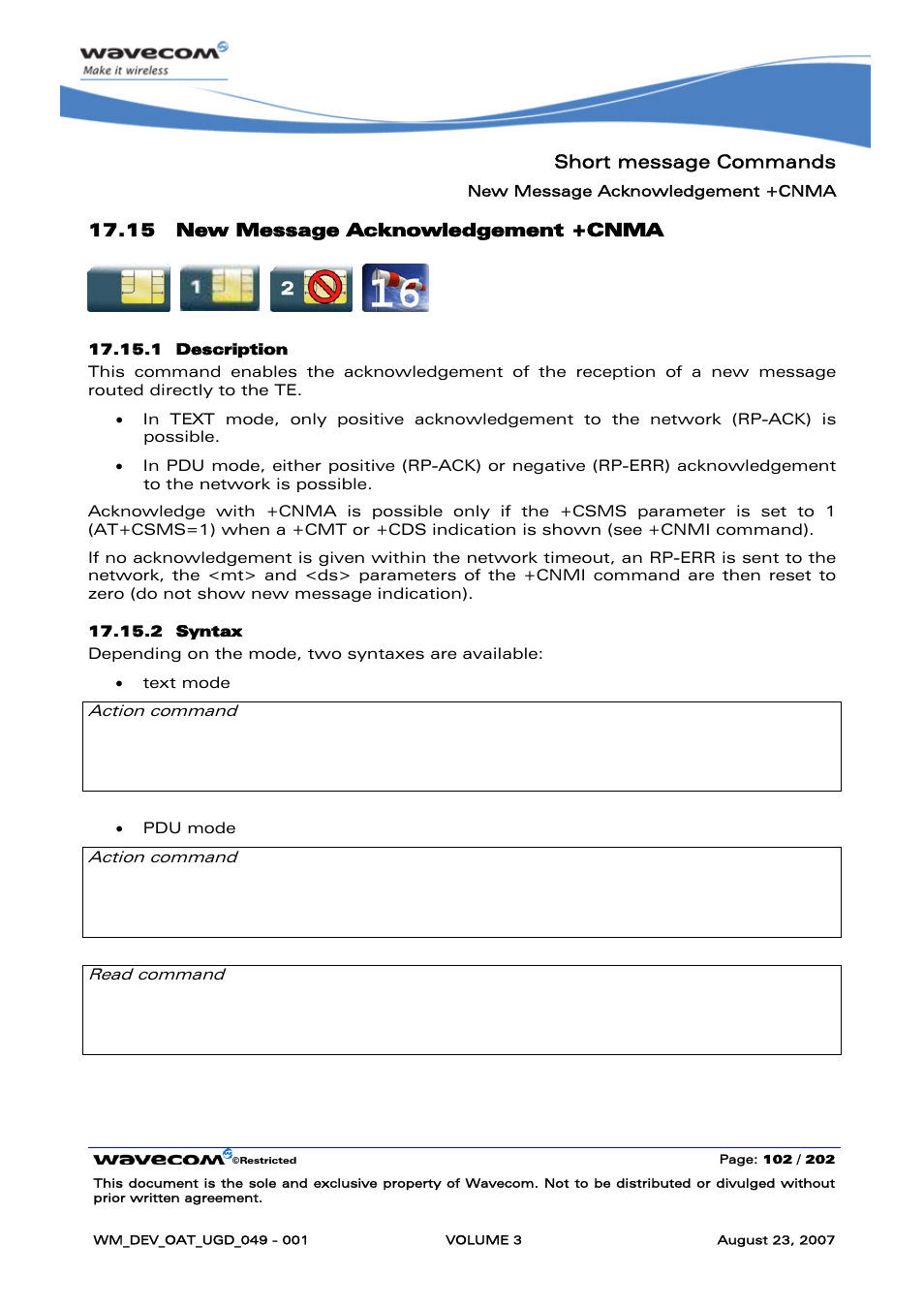 New message acknowledgement +cnma, Short message commands, 15 new message acknowledgement +cnma | At+cnma ok, At+cnma? ok | Rainbow Electronics FARGO MAESTRO 100 (with TCP_IP) User Manual | Page 448 / 787