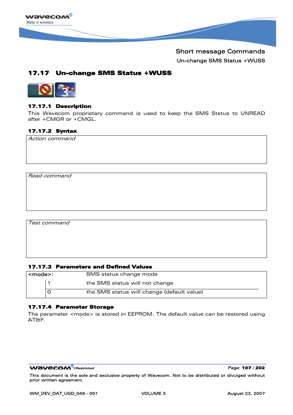 Un-change sms status +wuss | Rainbow Electronics FARGO MAESTRO 100 (with TCP_IP) User Manual | Page 453 / 787