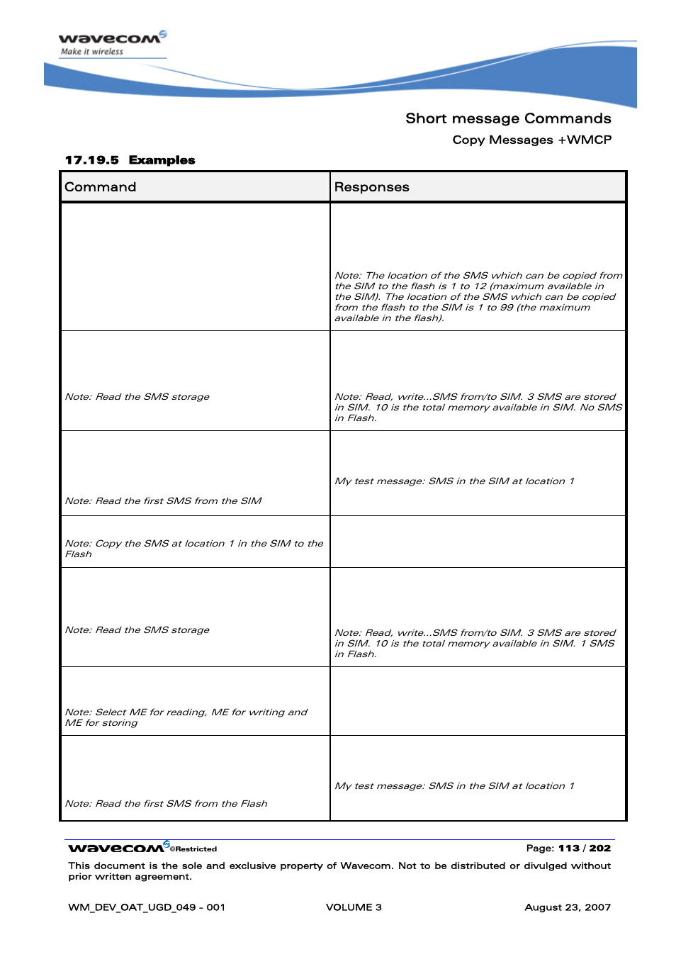 Short message commands, At+cpms, At+cmgr=1 | Ok at+wmcp=0,1, Ok at+cpms, At+cpms="me","me","me | Rainbow Electronics FARGO MAESTRO 100 (with TCP_IP) User Manual | Page 459 / 787