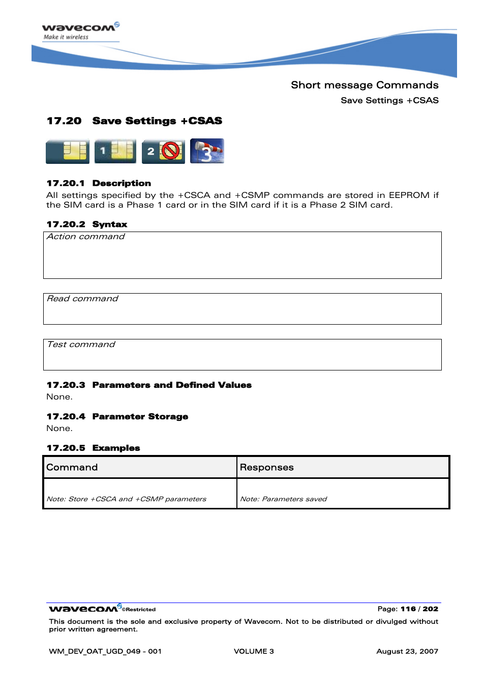 Save settings +csas, Short message commands, 20 save settings +csas | At+csas ok, None, At+csas | Rainbow Electronics FARGO MAESTRO 100 (with TCP_IP) User Manual | Page 462 / 787