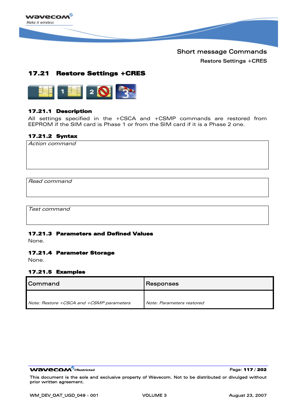 Restore settings +cres, Short message commands, 21 restore settings +cres | At+cres ok, None, At+cres | Rainbow Electronics FARGO MAESTRO 100 (with TCP_IP) User Manual | Page 463 / 787