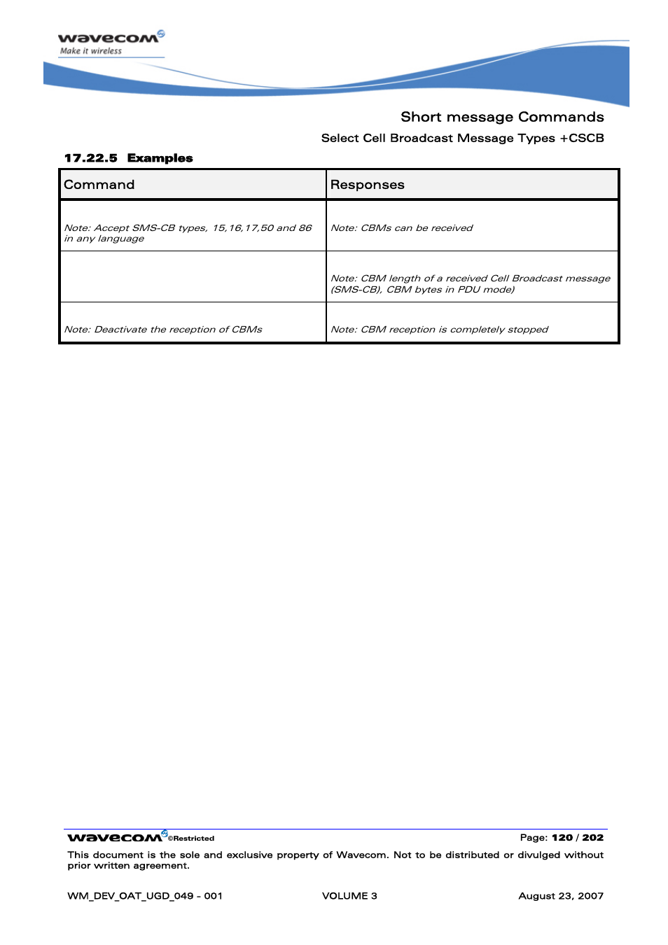 Short message commands, At+cscb=1 | Rainbow Electronics FARGO MAESTRO 100 (with TCP_IP) User Manual | Page 466 / 787