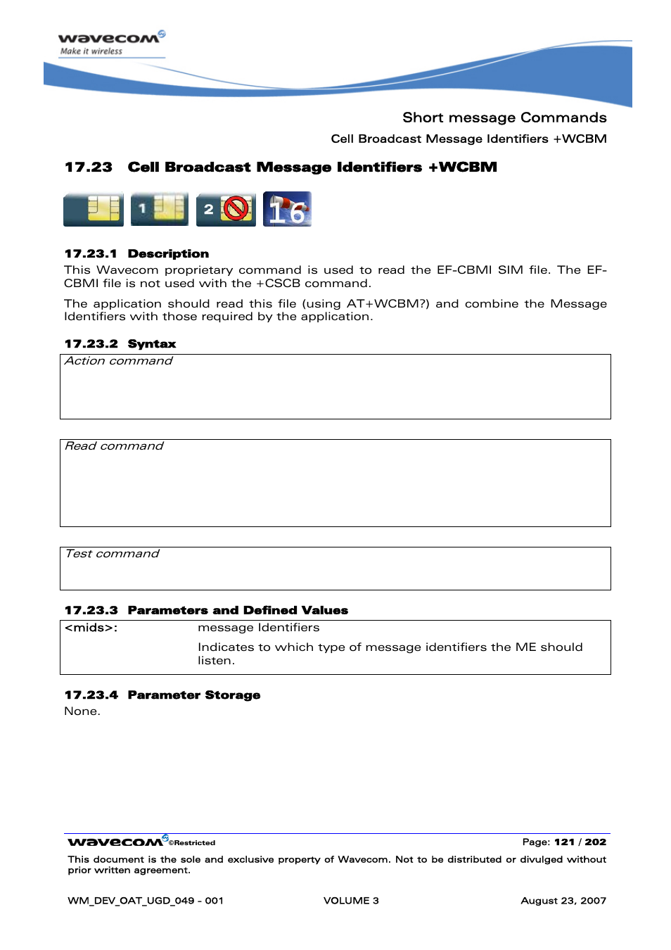 Cell broadcast message identifiers +wcbm, Short message commands, 23 cell broadcast message identifiers +wcbm | At+wcbm=<mids> ok, At+wcbm? +wcbm: <mids> ok, None | Rainbow Electronics FARGO MAESTRO 100 (with TCP_IP) User Manual | Page 467 / 787