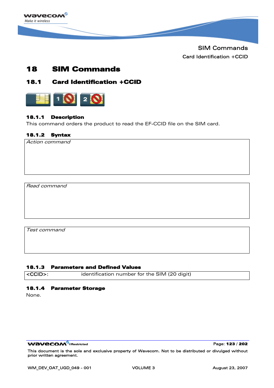 Sim commands, Card identification +ccid, 18 sim commands | Rainbow Electronics FARGO MAESTRO 100 (with TCP_IP) User Manual | Page 469 / 787