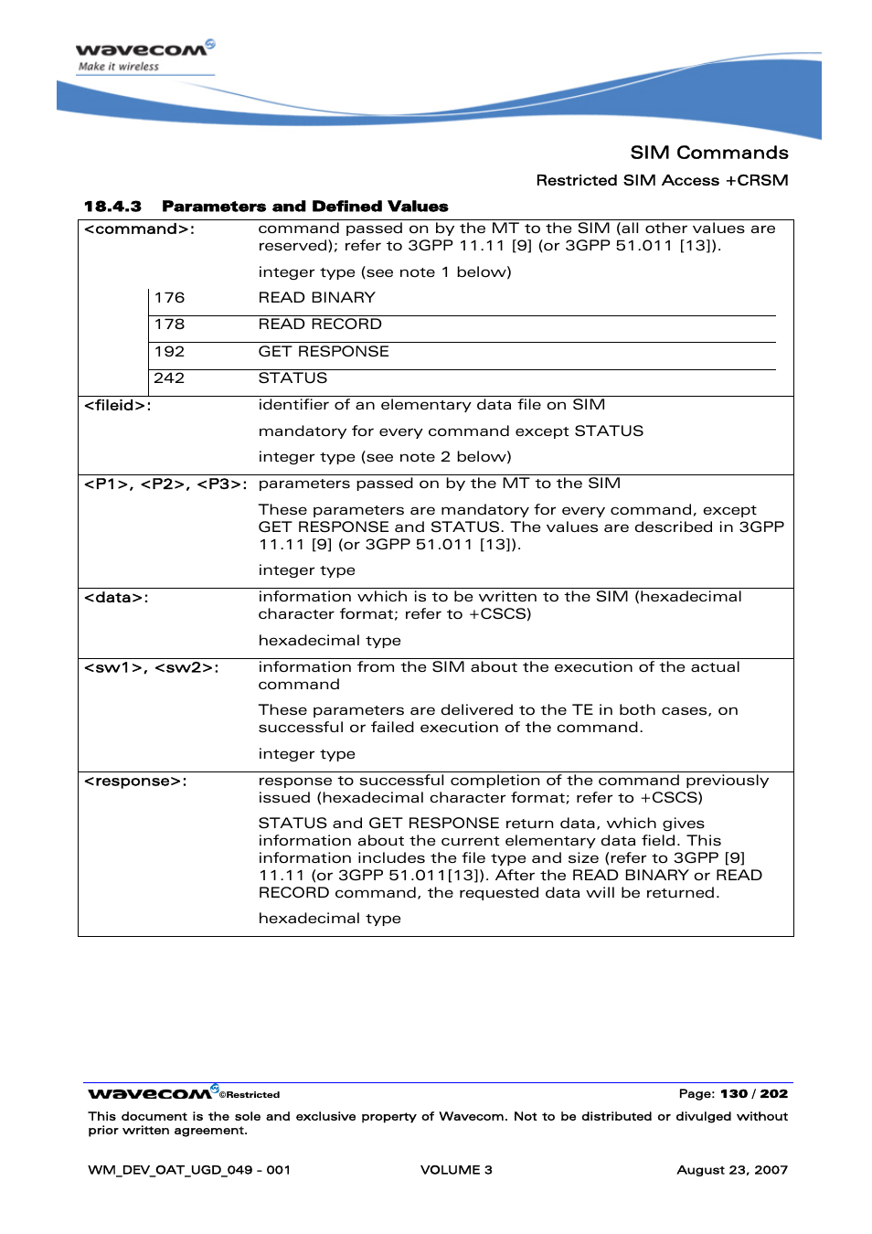 Sim commands | Rainbow Electronics FARGO MAESTRO 100 (with TCP_IP) User Manual | Page 476 / 787