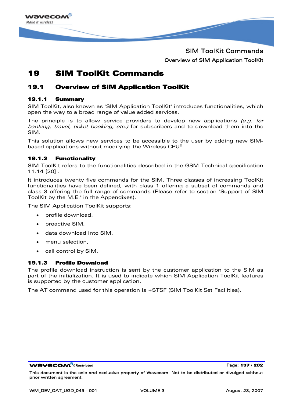 Sim toolkit commands, Overview of sim application toolkit, 19 sim toolkit commands | Rainbow Electronics FARGO MAESTRO 100 (with TCP_IP) User Manual | Page 483 / 787