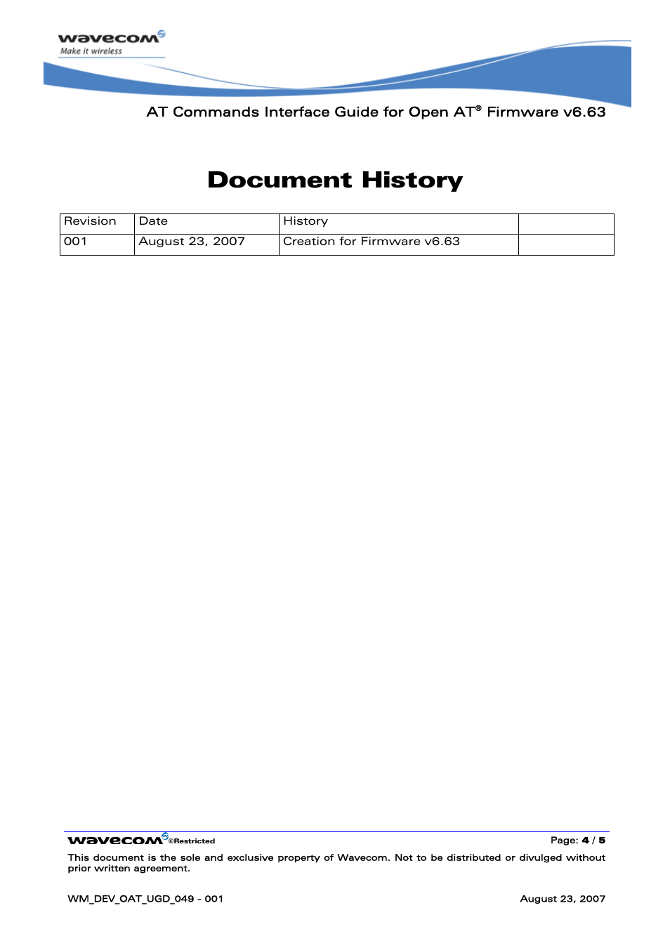 Document history, At commands interface guide for open at, Firmware v6.63 | Rainbow Electronics FARGO MAESTRO 100 (with TCP_IP) User Manual | Page 5 / 787