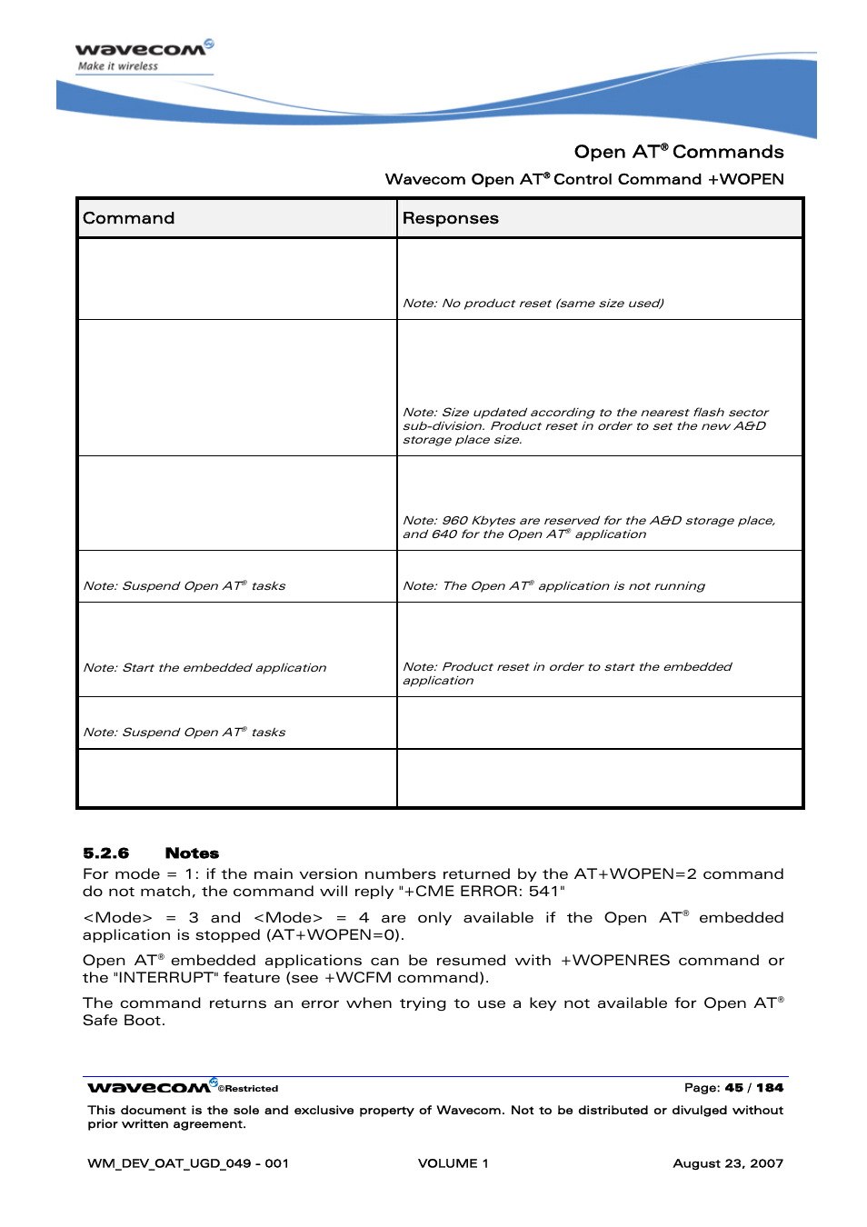 Open at, Commands, At+wopen=5 | Cme error: 3, At+wopen=1, Ok +wind: 3, Ok at+wopen? +wopen:5 ok | Rainbow Electronics FARGO MAESTRO 100 (with TCP_IP) User Manual | Page 51 / 787