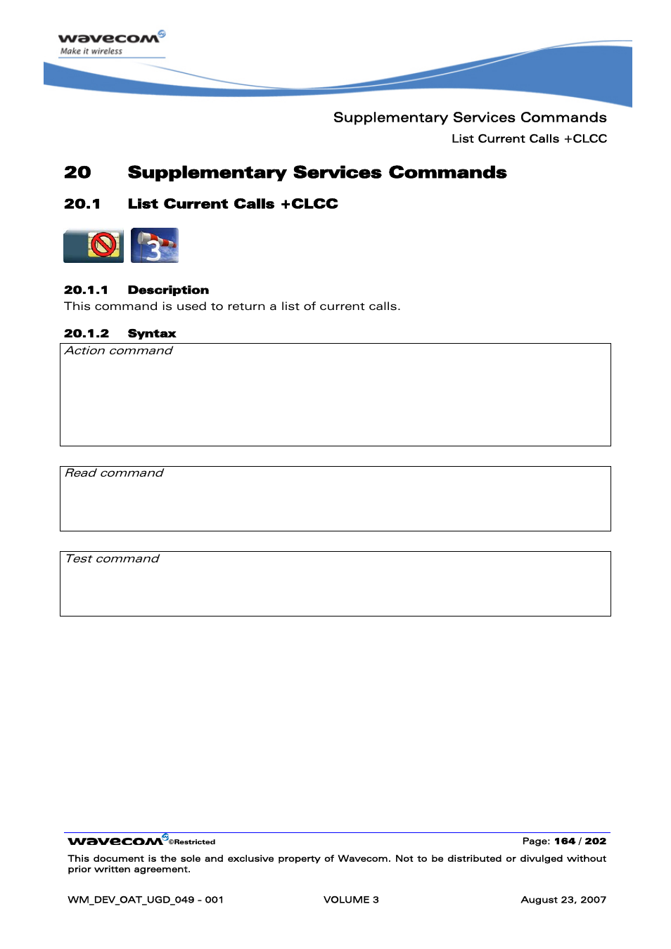 Supplementary services commands, List current calls +clcc, 20 supplementary services commands | Rainbow Electronics FARGO MAESTRO 100 (with TCP_IP) User Manual | Page 510 / 787