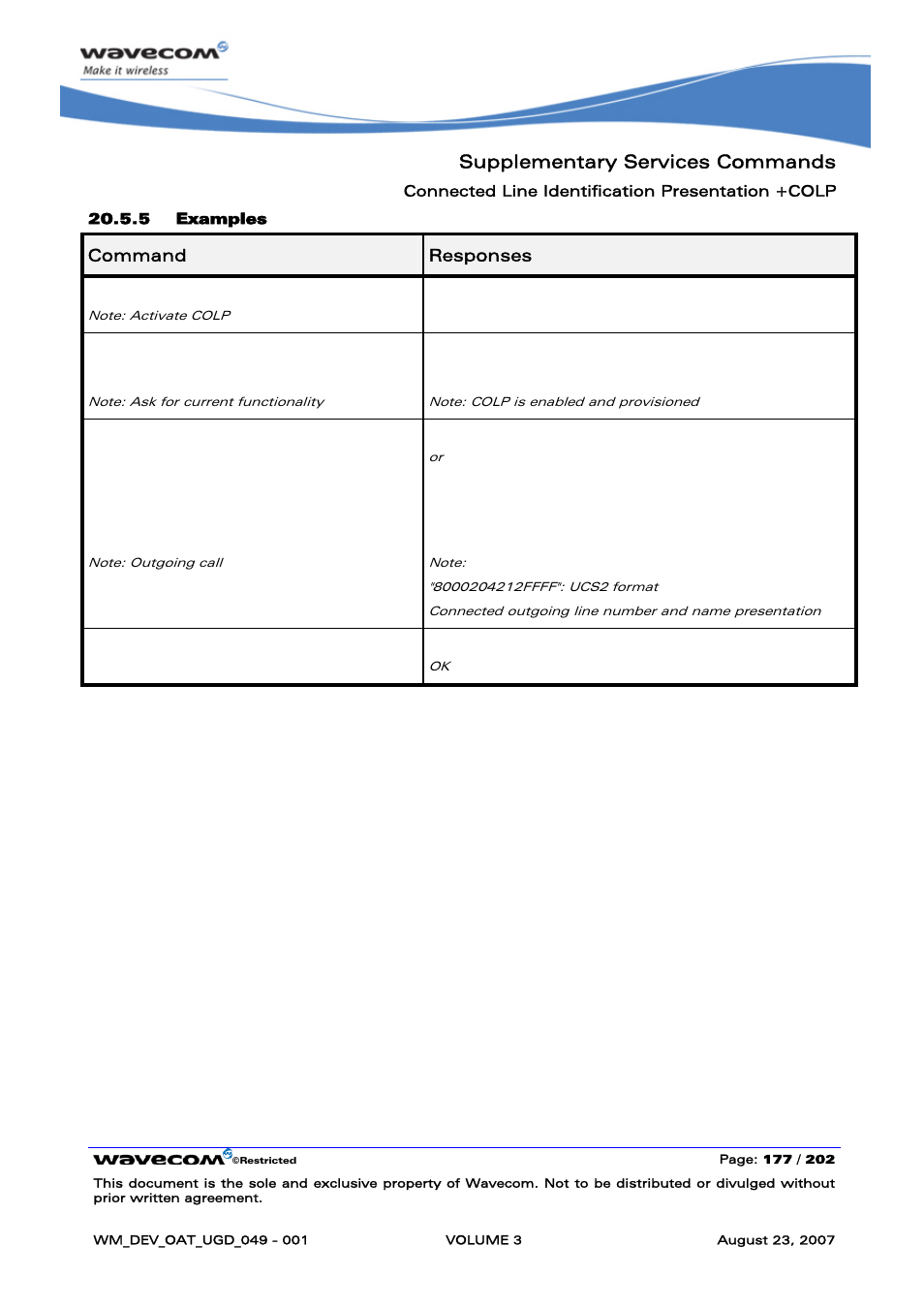 Supplementary services commands, At+colp=1, At+colp | Colp:1,1 ok, Colp: (0-1) | Rainbow Electronics FARGO MAESTRO 100 (with TCP_IP) User Manual | Page 523 / 787