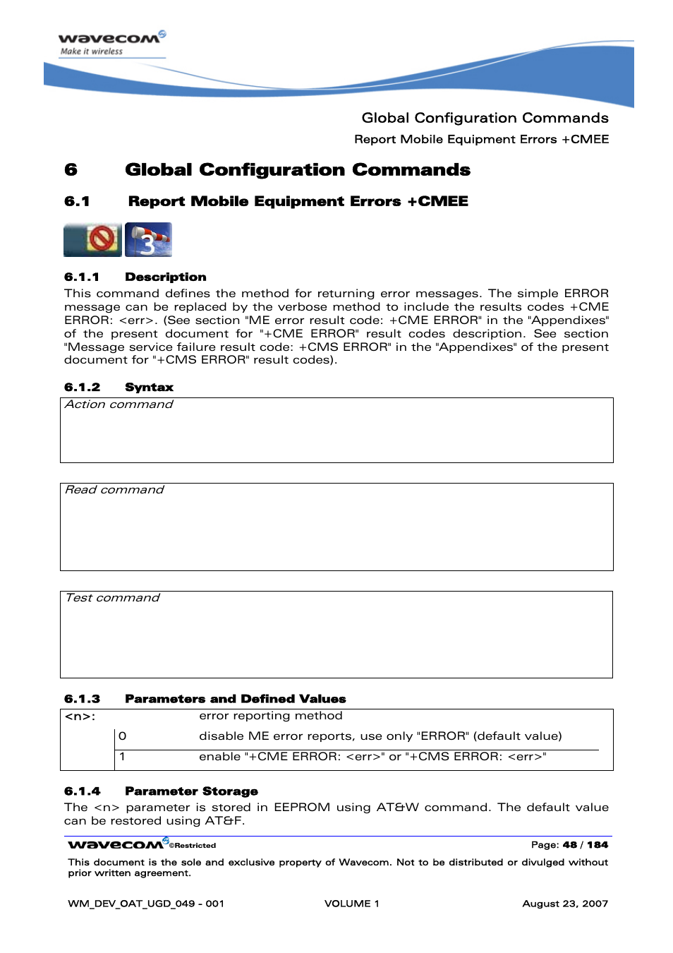 Global configuration commands, Report mobile equipment errors +cmee, 6global configuration commands | Rainbow Electronics FARGO MAESTRO 100 (with TCP_IP) User Manual | Page 54 / 787