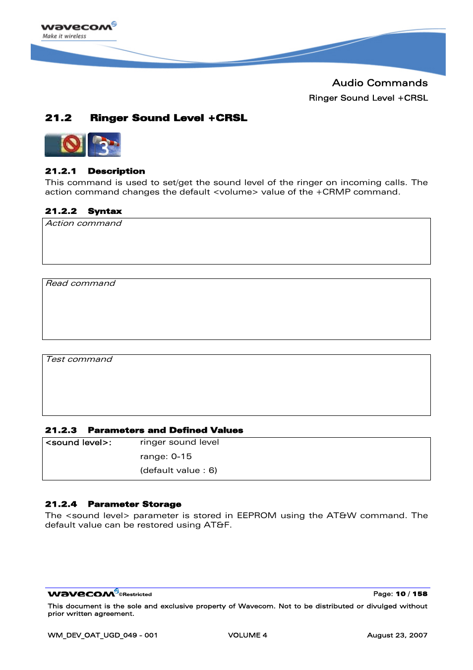 Ringer sound level +crsl | Rainbow Electronics FARGO MAESTRO 100 (with TCP_IP) User Manual | Page 558 / 787