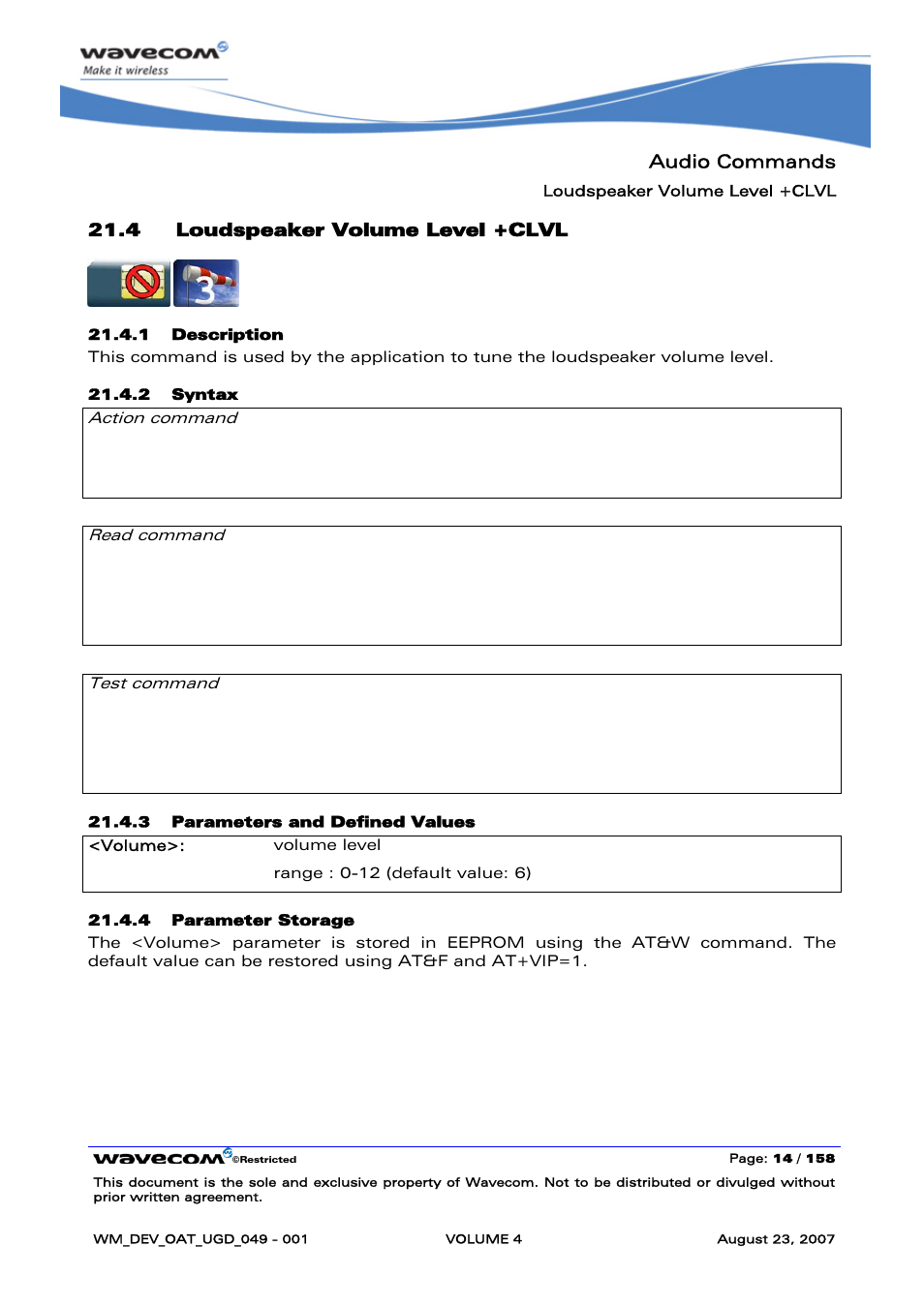 Loudspeaker volume level +clvl | Rainbow Electronics FARGO MAESTRO 100 (with TCP_IP) User Manual | Page 562 / 787