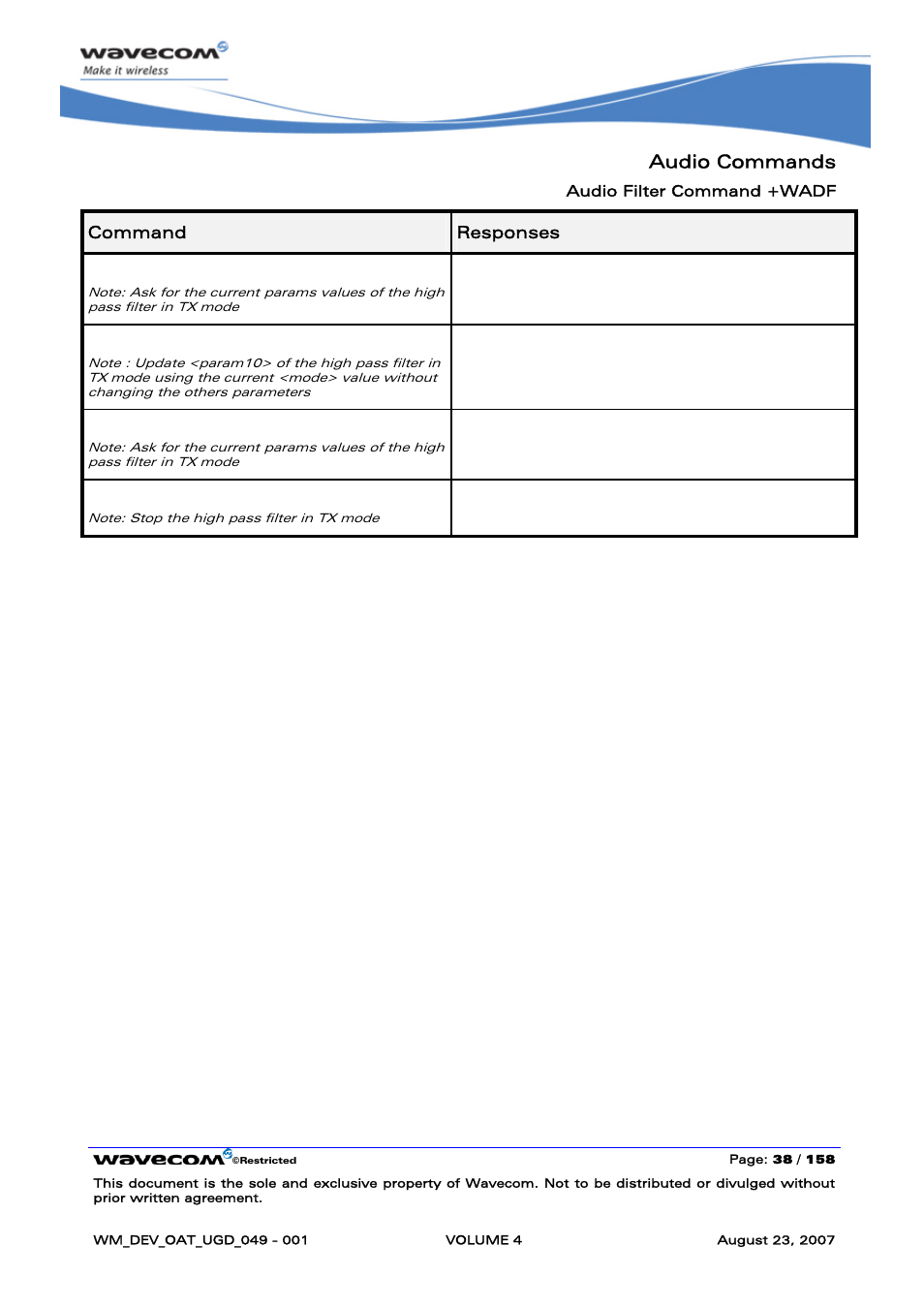 Audio commands, At+wadf=2,1, Ok at+wadf=2,1 | At+wadf=0,1 | Rainbow Electronics FARGO MAESTRO 100 (with TCP_IP) User Manual | Page 586 / 787