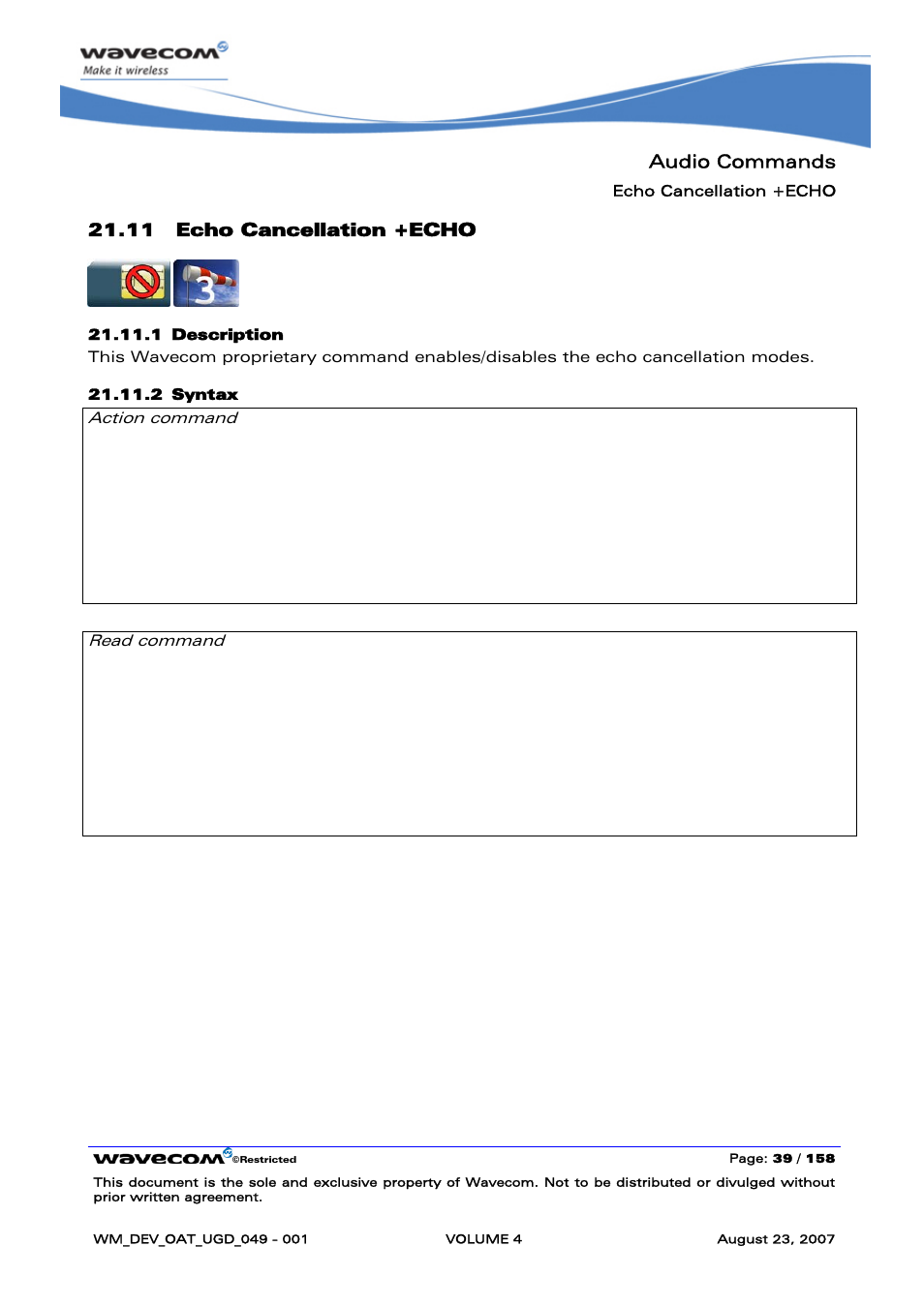 Echo cancellation +echo, Audio commands, 11 echo cancellation +echo | Rainbow Electronics FARGO MAESTRO 100 (with TCP_IP) User Manual | Page 587 / 787