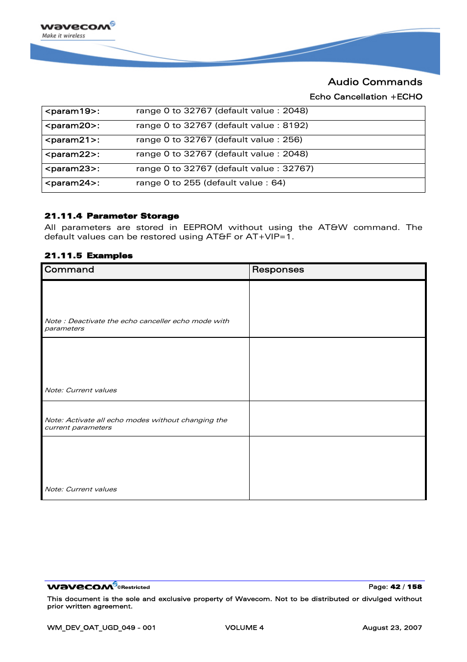 Audio commands, At+echo, Ok at+echo=1,159 | Ok at+echo | Rainbow Electronics FARGO MAESTRO 100 (with TCP_IP) User Manual | Page 590 / 787