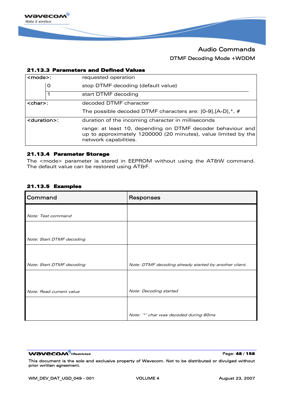 Audio commands, At+wddm, Wddm: (0,1) | At+wddm=1, Cme error: 558, Wddm: 1 ok, Wddi: ”*”,60 | Rainbow Electronics FARGO MAESTRO 100 (with TCP_IP) User Manual | Page 596 / 787