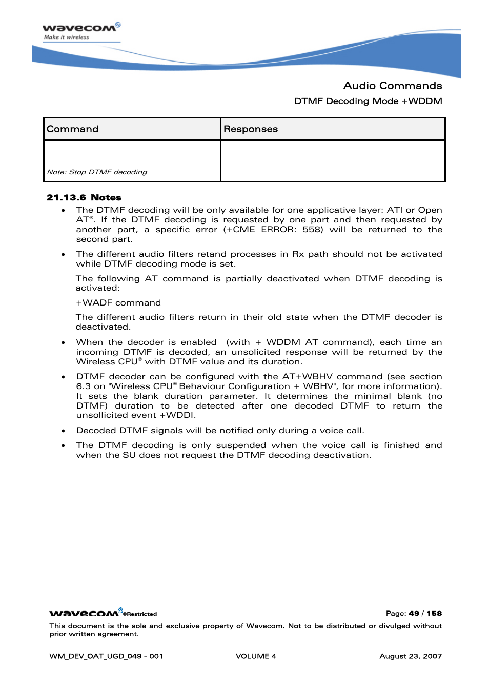 Audio commands, At+wddm=0 | Rainbow Electronics FARGO MAESTRO 100 (with TCP_IP) User Manual | Page 597 / 787