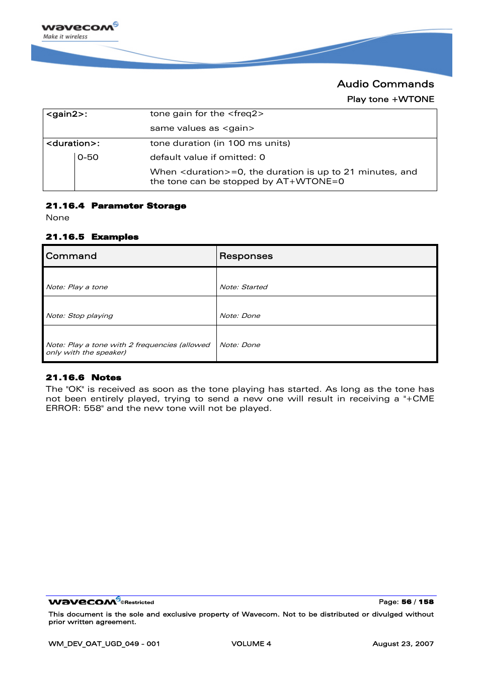 Audio commands, At+wtone=0 | Rainbow Electronics FARGO MAESTRO 100 (with TCP_IP) User Manual | Page 604 / 787