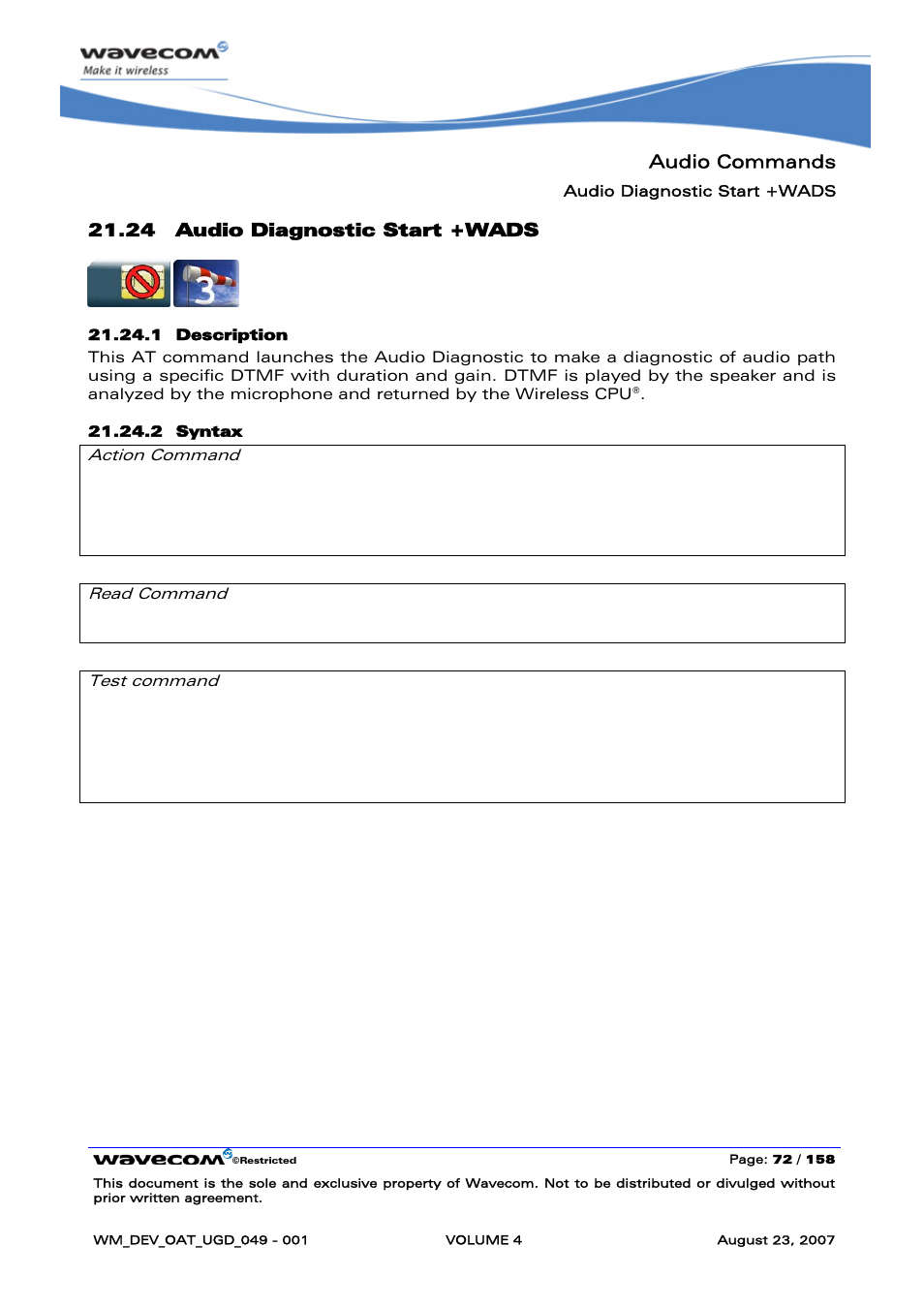 Audio diagnostic start +wads, Audio commands, 24 audio diagnostic start +wads | None | Rainbow Electronics FARGO MAESTRO 100 (with TCP_IP) User Manual | Page 620 / 787