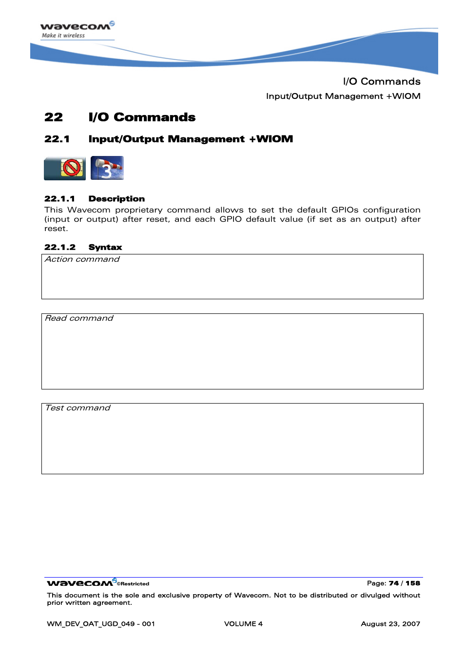 I/o commands, Input/output management +wiom, 22 i/o commands | Rainbow Electronics FARGO MAESTRO 100 (with TCP_IP) User Manual | Page 622 / 787