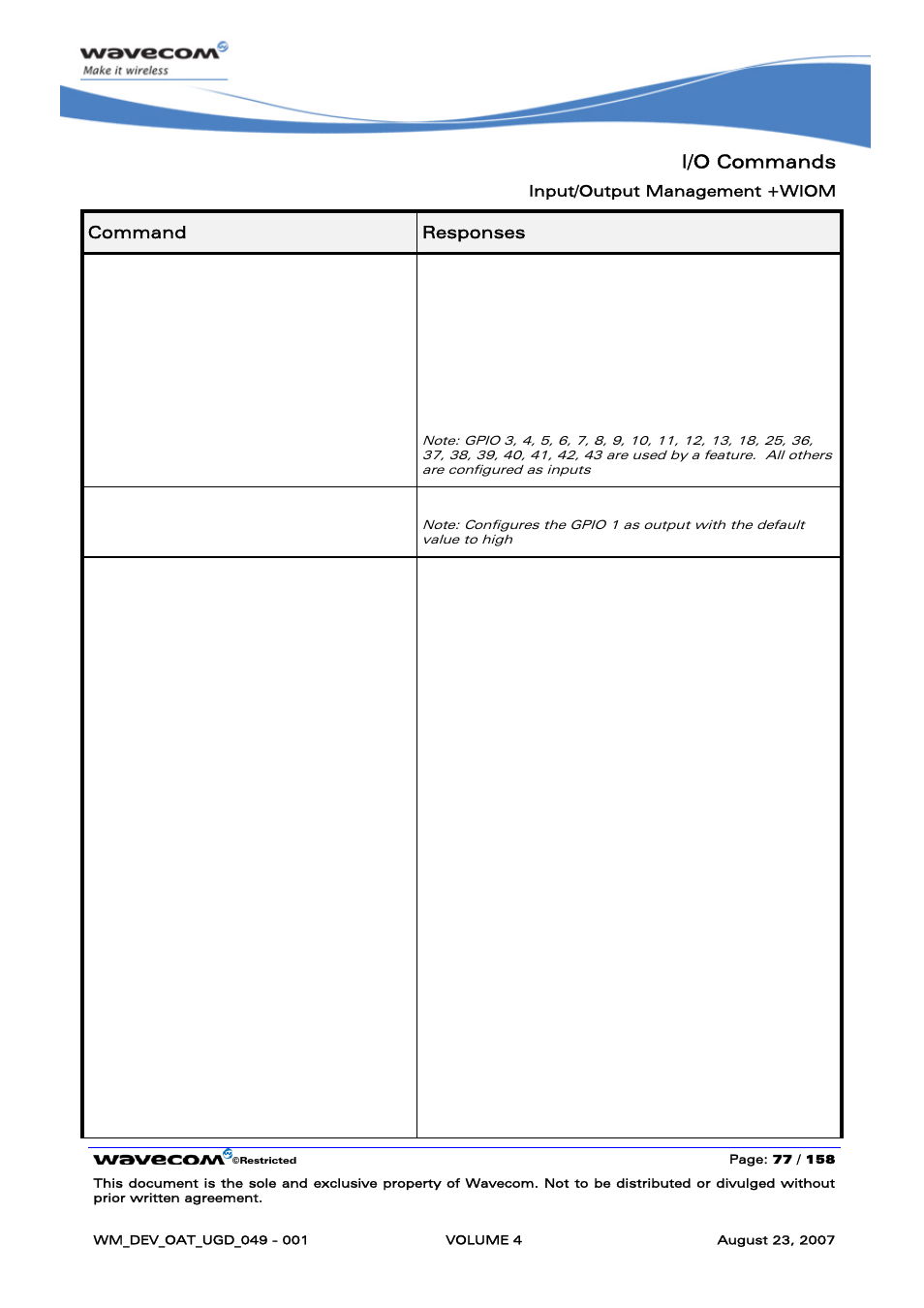 I/o commands, At+wiom=1,1,1 ok, At+wiom | Rainbow Electronics FARGO MAESTRO 100 (with TCP_IP) User Manual | Page 625 / 787