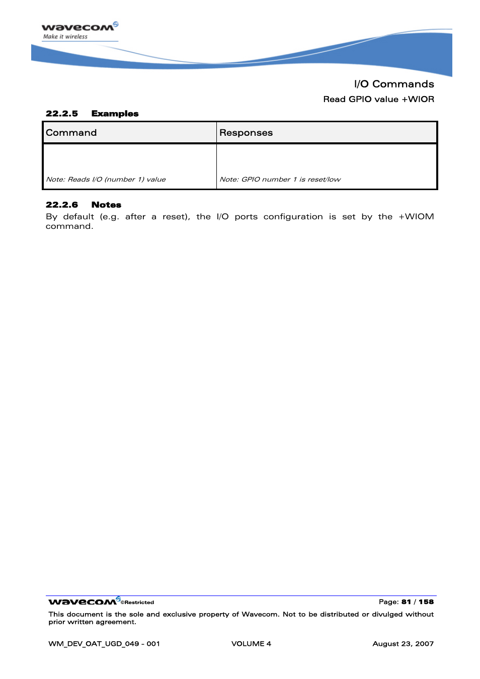I/o commands, At+wior=1, Wior: 0 ok | Rainbow Electronics FARGO MAESTRO 100 (with TCP_IP) User Manual | Page 629 / 787