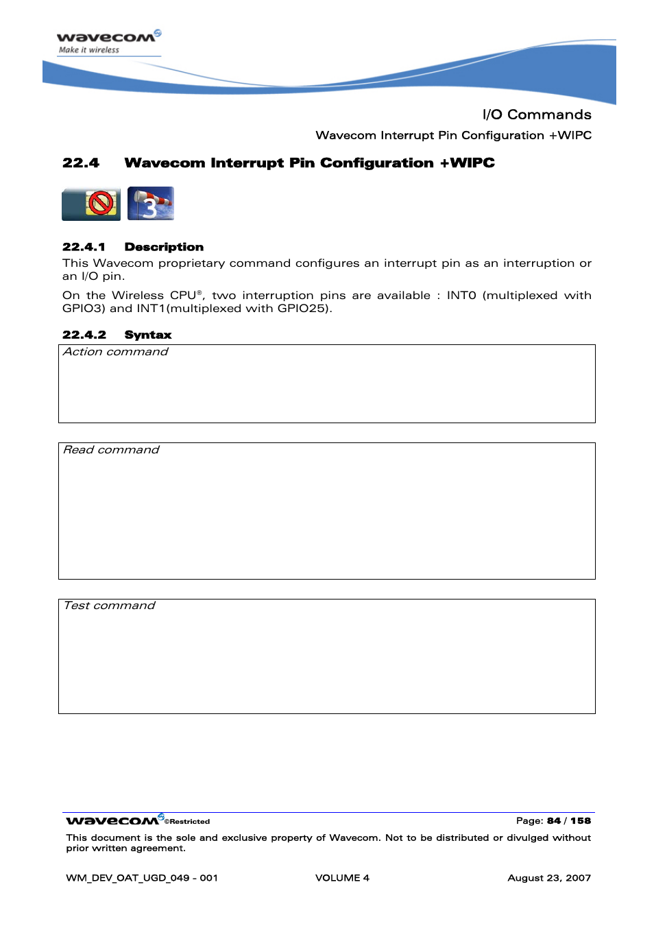 Wavecom interrupt pin configuration +wipc | Rainbow Electronics FARGO MAESTRO 100 (with TCP_IP) User Manual | Page 632 / 787