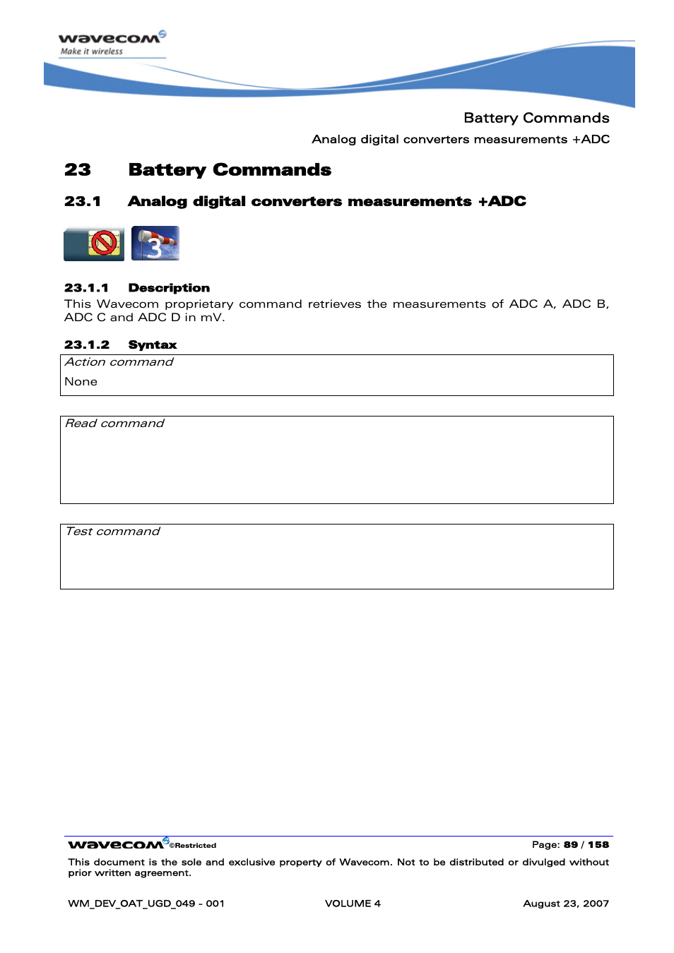 Battery commands, Analog digital converters measurements +adc, 23 battery commands | Rainbow Electronics FARGO MAESTRO 100 (with TCP_IP) User Manual | Page 637 / 787