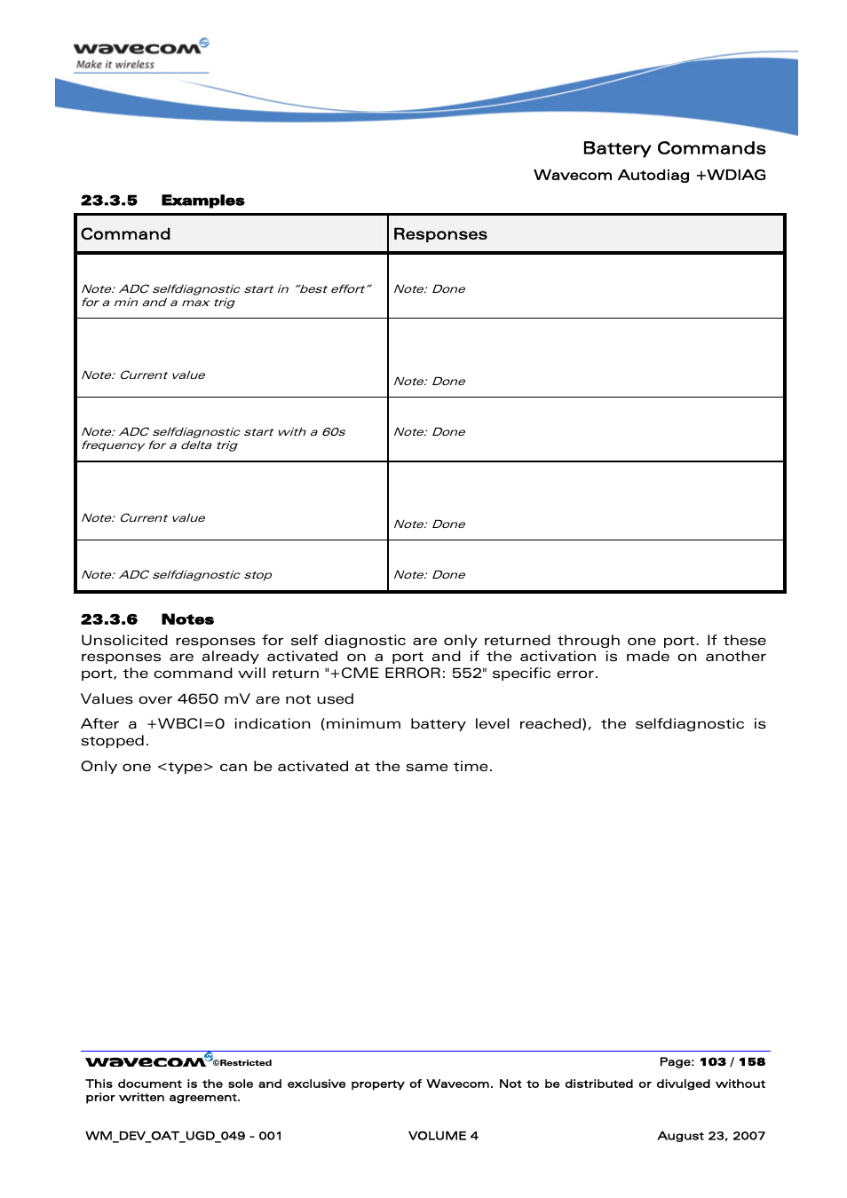 Battery commands, At+wdiag, At+wdiag=0,0 | Rainbow Electronics FARGO MAESTRO 100 (with TCP_IP) User Manual | Page 651 / 787