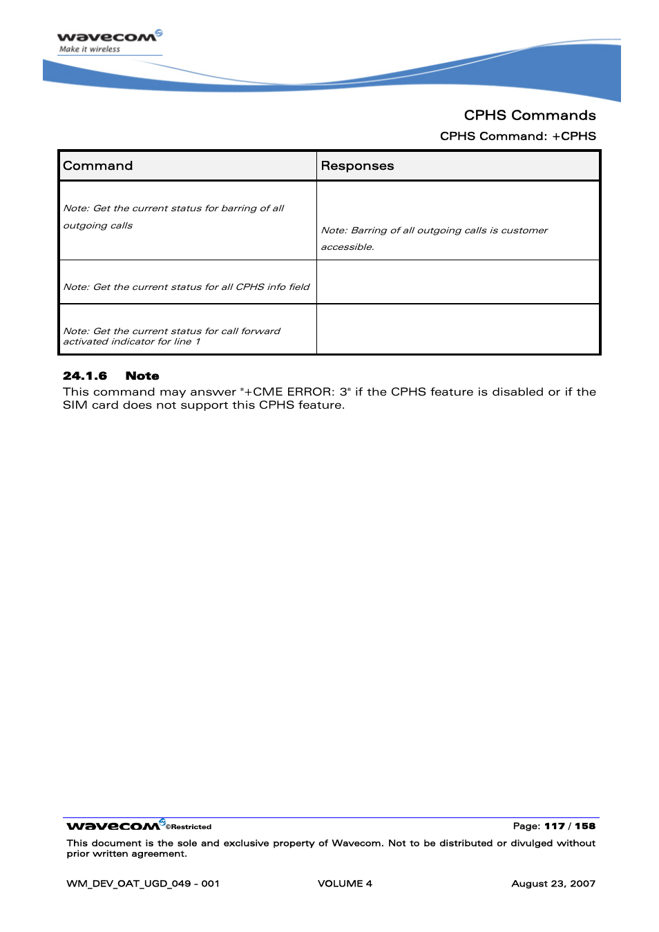 Cphs commands, At+cphs=2,7,9, Wcsp: 9,1 ok | At+cphs=2,6, Wcpi: 13,1 ok | Rainbow Electronics FARGO MAESTRO 100 (with TCP_IP) User Manual | Page 665 / 787