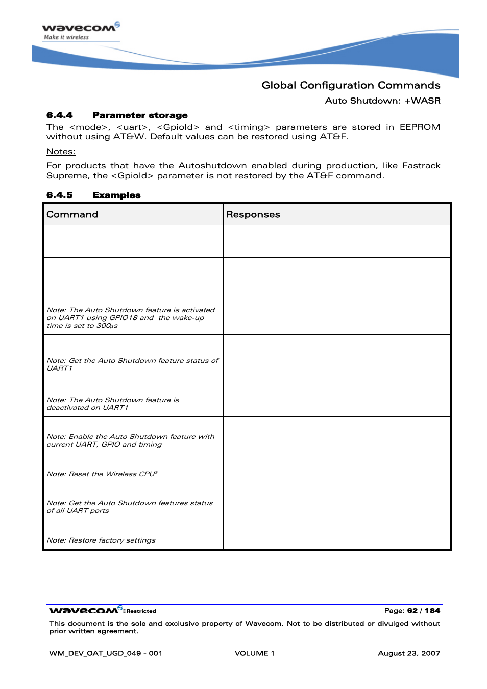 Global configuration commands, At+wasr=2,1, At+wasr=0,1 | At+wasr=1, Ok at+cfun=1, At+wasr=2 | Rainbow Electronics FARGO MAESTRO 100 (with TCP_IP) User Manual | Page 68 / 787